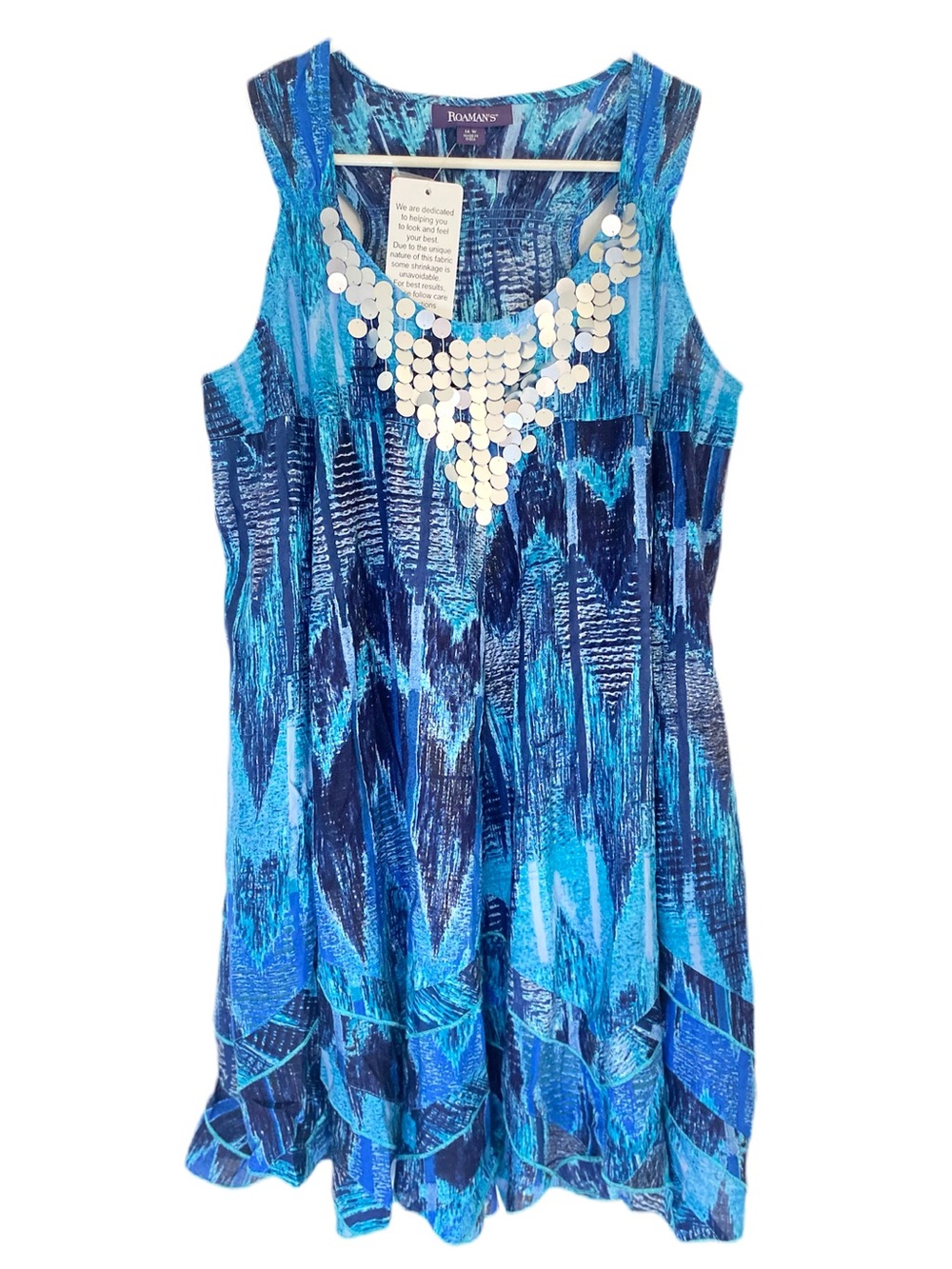Roaman's 16W Sleeveless Blue Tie-Dye, Embellished Asymmetrical Ruffle Tunic